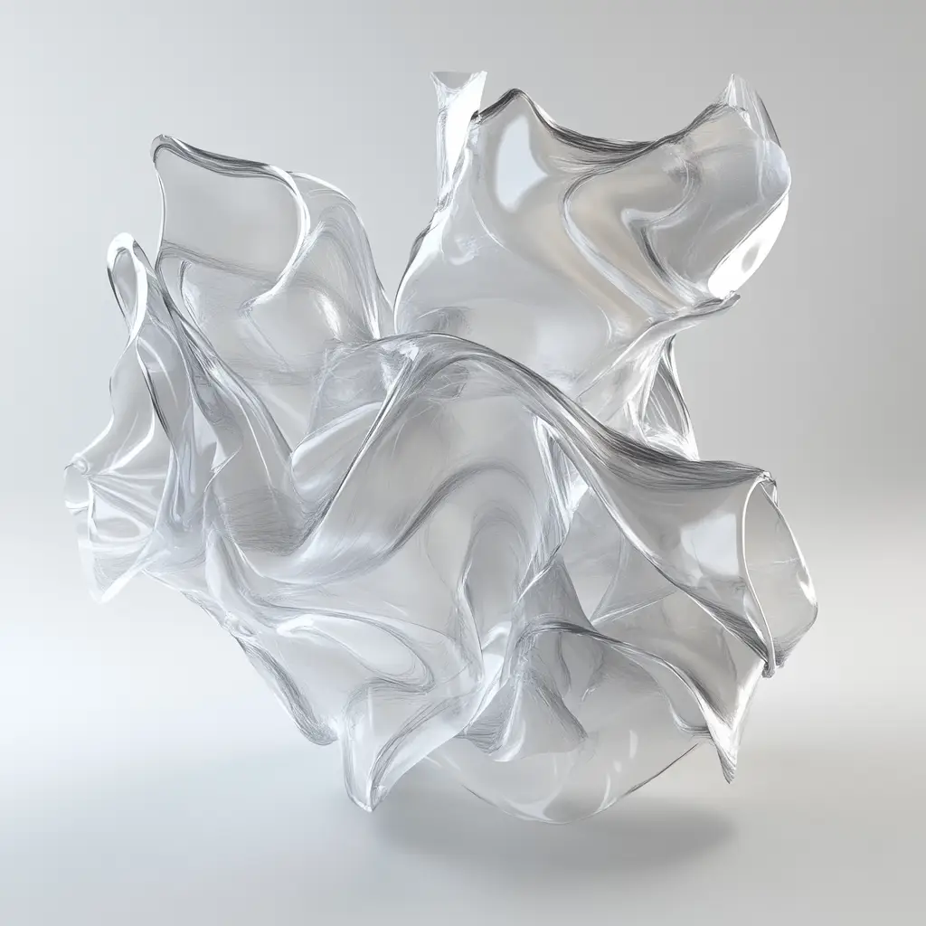 Fluid abstract forms encapsulated in transparent crinkle